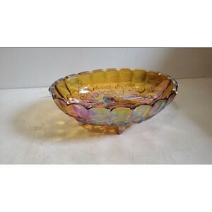 Indiana Carnival Glass Gold Iridescent Fruit Bowl Sawtooth Footed Oval Large VTG
